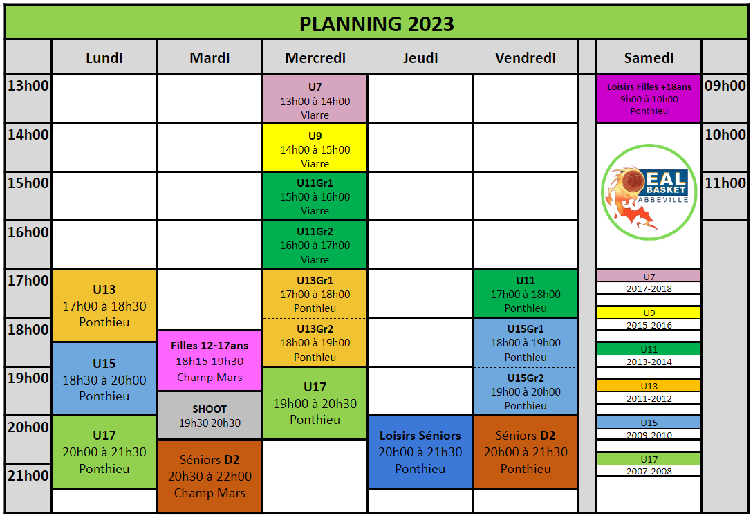 Planning des entrainements à compter du mercredi 6 décembre
